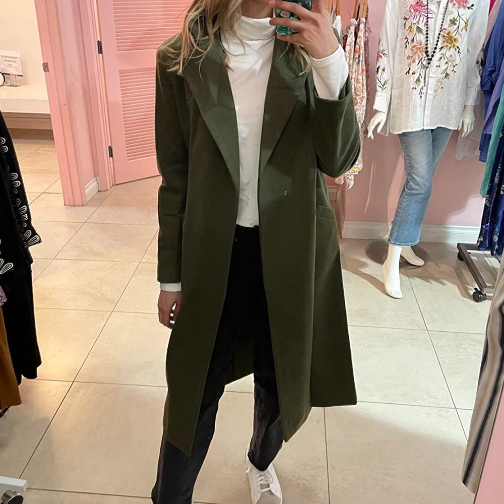 Womens Classic Coat Lapel Collar Open Front Belted Long Jacket
